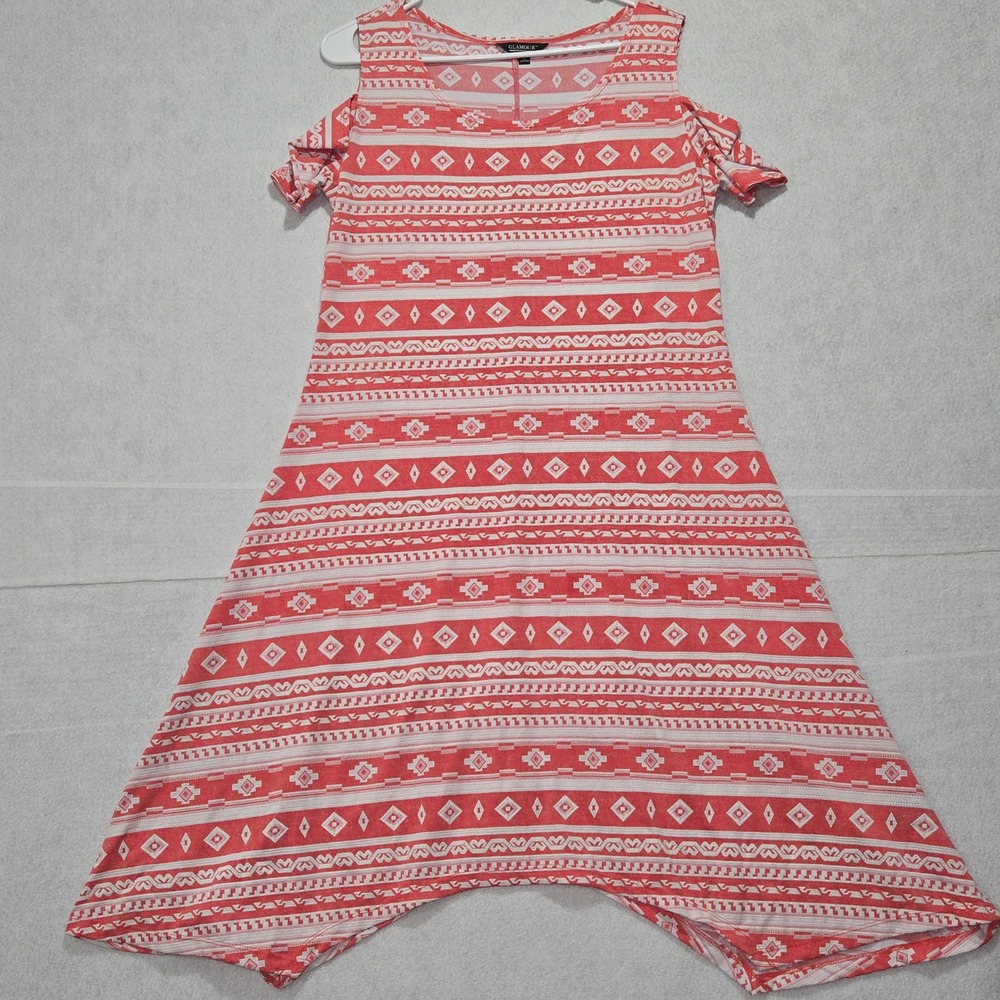 R#82 Glamour Cold Shoulder Dress Coral White Geometric Print Size 14 ptp:20"